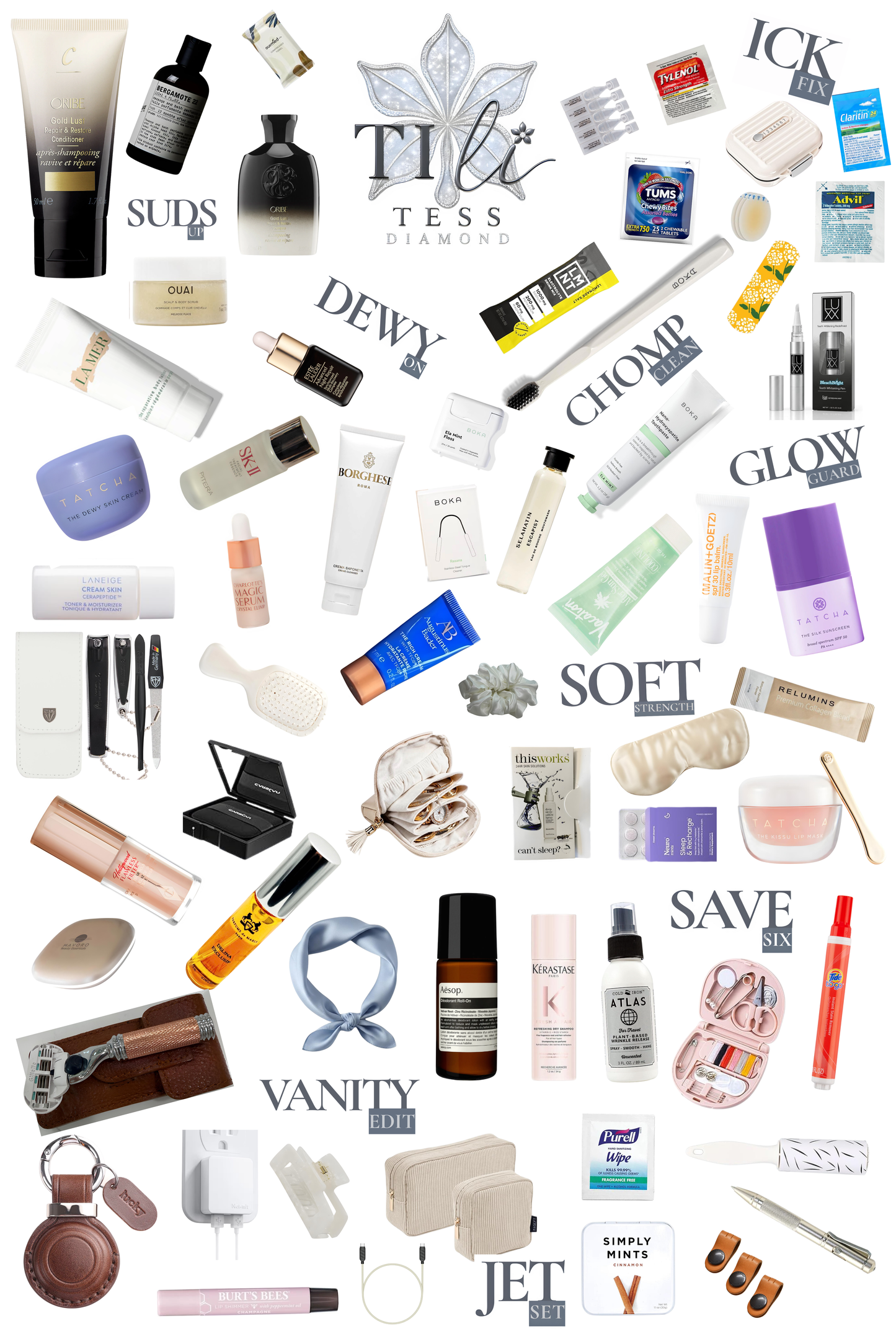 Luxury travel essentials flat lay featuring curated skincare, beauty, wellness, and cosmetic items from the TESS Diamond travel system