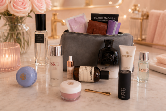 Luxury travel essentials arranged beside the TESS Diamond cosmetic bag in an elegant hotel bathroom setting