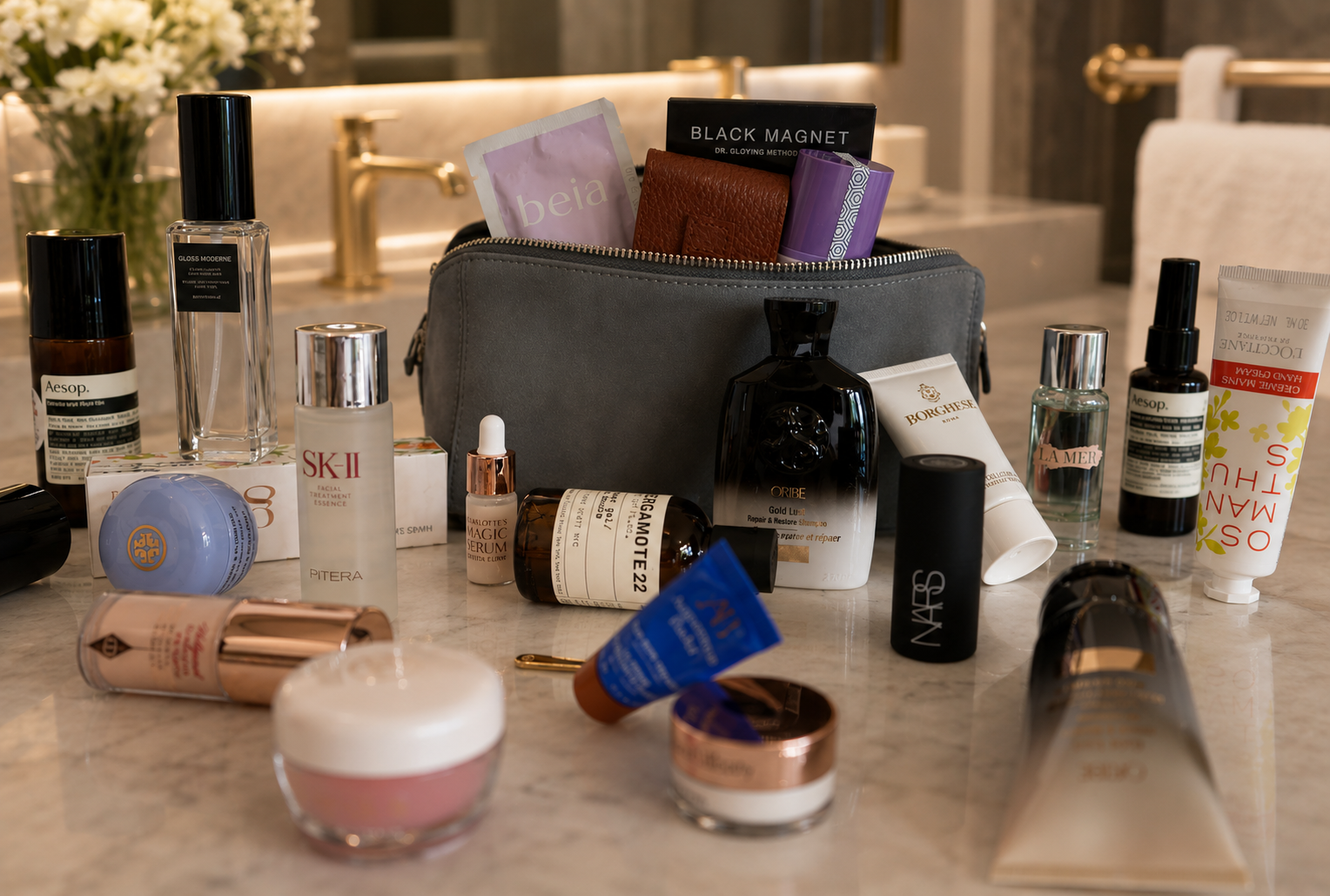 Premium skincare and beauty travel essentials arranged beside the TESS Diamond bag in an elegant hotel bathroom setting